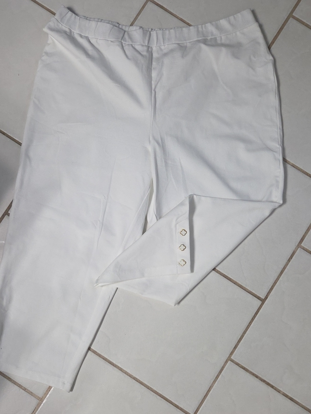 Susan Graver White Stretch Dress Pants with Decorative Button Cuff Elastic Waist